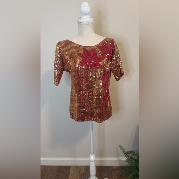 Vintage NWT Sequined Silk Poinsettia Gold Red Holiday Blouse Sz M - Picture 1 of 8